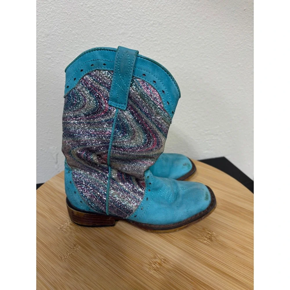 Roper Boots Girl Toddler 10 Glitter Swirl Blue Western Cowboy Sparkly Faux Suede